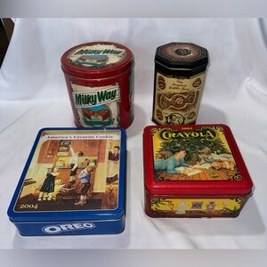 VINTAGE SHELF DECOR TINS. OREO, DOUBLE BUBBLE, MILKY WAY, CRAYOLA
